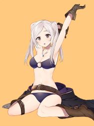 Rule 34 | 1girl, armpits, arms up, belt, belt buckle, bikini, boots, breasts, brown eyes, brown footwear, brown gloves, buckle, cape, unworn cape, cleavage, collarbone, commentary request, fire emblem, full body, gloves, highres, holding, holding own arm, jewelry, long hair, looking at viewer, medium breasts, necklace, nintendo, o-ring, o-ring top, open mouth, orange background, purple bikini, robin (female) (fire emblem), robin (fire emblem), ryon (ryonhei), simple background, sitting, solo, stretching, swimsuit, thigh strap, twintails, wariza, white hair