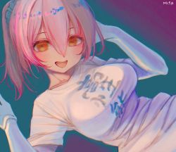 Rule 34 | 1girl, alternate hair color, blush, breasts, commentary request, hair between eyes, highres, hololive, impossible clothes, large breasts, mechanical arms, nosir onadat, open mouth, pink hair, ponytail, roboco-san, roboco-san (high-spec t-shirt), shirt, smile, taut clothes, taut shirt, translation request, virtual youtuber, yellow eyes