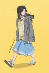 Rule 34 | 1girl, arms at sides, black hair, blue skirt, character name, closed mouth, dentist (artist), full body, grey hoodie, hibike! euphonium, highres, hood, hoodie, kasaki nozomi, liz to aoi tori, long hair, shadow, shirt, shoes, sidelocks, simple background, skirt, sleeves past wrists, smile, sneakers, socks, solo, striped clothes, striped shirt, walking, white socks, yellow background, yellow shirt