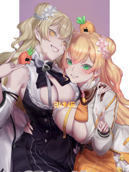 Rule 34 | 2girls, absurdres, alternate color, alternate eye color, asymmetrical docking, bare shoulders, black bow, black bowtie, black nails, black skirt, blonde hair, bow, bowtie, breast press, breasts, brown bow, brown bowtie, carrot, cleavage cutout, clothing cutout, commentary request, corset, detached sleeves, double bun, dual persona, flower, green eyes, grin, hair between eyes, hair bun, hair flower, hair ornament, hand on another&#039;s shoulder, hand up, highres, hololive, kumiko shiba, large breasts, leaning forward, long hair, long sleeves, looking at viewer, momosuzu nene, multicolored bow, multiple girls, \\n/, nail polish, orange skirt, pink flower, sidelocks, skirt, smile, two side up, v, virtual youtuber, white flower, yellow eyes