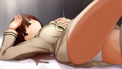Rule 34 | 1girl, bed sheet, black background, blush, brown hair, closed mouth, cowboy shot, expressionless, gluteal fold, hair between eyes, highres, kantai collection, leg up, light rays, long hair, long sleeves, looking at viewer, on bed, ooi (kancolle), panties, pleated skirt, sailor collar, shirt, skirt, solo, sunbeam, sunlight, underwear, uniform, upskirt, white background, white panties, yellow sailor collar, yellow shirt, yellow skirt, yotubawatane