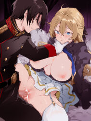 Rule 34 | 1boy, 1girl, ahoge, black jacket, black pants, blue eyes, blush, breasts, brown hair, buttons, censored, character request, copyright request, double-breasted, garter straps, gloves, hair between eyes, hetero, highres, jacket, large breasts, long hair, mosaic censoring, nipples, nonoyama, open clothes, pants, penis, pussy, pussy juice, red eyes, sex, short hair, skirt, sweat, tears, thighhighs, vaginal, white gloves, white skirt, white thighhighs