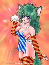 Rule 34 | 1990s (style), 1997, 1girl, akira m, animal ears, apron, blue apron, blue eyes, blush, bread, breasts, cat ears, cat girl, cat tail, cleavage, collarbone, dated, december, fingerless gloves, food, gloves, green hair, holding, large breasts, long hair, looking at viewer, naked apron, orange background, red gloves, red thighhighs, retro artstyle, smile, solo, standing, striped apron, striped clothes, striped gloves, striped thighhighs, tail, thighhighs