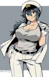 Rule 34 | 10s, 1girl, 2016, belt, breasts, cleavage, commentary request, dated, epaulettes, female admiral (kancolle), gloves, green eyes, green hair, grey background, hair between eyes, hand on own hip, hat, ikeshita moyuko, jacket, jacket on shoulders, kantai collection, large breasts, long hair, low ponytail, matching hair/eyes, military, military hat, military uniform, pants, peaked cap, shiomi kaoru, smile, solo, standing, tank top, text focus, translation request, uniform, white gloves, white jacket, white pants