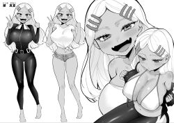 Rule 34 | 1girl, barefoot, belt, bikini, blush, bodysuit, breasts, character name, cleavage, collarbone, dark-skinned female, dark skin, diving suit, fangs, full body, greyscale, hair ornament, hairclip, head tilt, highres, large breasts, long hair, looking down, midriff, monochrome, multiple views, navel, open mouth, original, parted bangs, shirt, skin fangs, smile, swimsuit, t-shirt, terano haruma, tied shirt, v, variations, wetsuit, white background