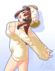 Rule 34 | 1girl, :d, animal hat, arched back, blue eyes, breasts, brown hair, cleavage, cleavage cutout, clothing cutout, hat, horns, large breasts, long hair, looking at viewer, meme attire, open-chest sweater, open mouth, original, roadmaxter, sheep horns, shiny skin, smile, solo, sweater