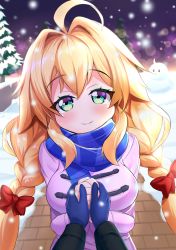 Rule 34 | 1girl, absurdres, ahoge, azur lane, blonde hair, braid, fj hatsu, green eyes, holding hands, highres, le temeraire (azur lane), light particles, looking at viewer, night, night sky, pine tree, pov, scarf, sky, smile, snow, snowing, tree, twintails