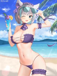 Rule 34 | 1girl, :3, :d, absurdres, animal ears, arm up, armpits, azur lane, bare shoulders, beach, bikini, blue eyes, blunt bangs, blush, breasts, cheshire (azur lane), cheshire (summery date!) (azur lane), choker, cleavage, cloud, collarbone, day, drink, eyewear on head, female focus, flower, food, frilled bikini, frills, fruit, groin, hair flower, hair ornament, hand up, highres, holding, holding drink, large breasts, looking at viewer, maid headdress, multicolored hair, navel, one eye closed, open mouth, orange (fruit), orange slice, outdoors, pla0658, purple choker, ribbon, sky, smile, solo, stomach, streaked hair, sunlight, swimsuit, water, wrist cuffs