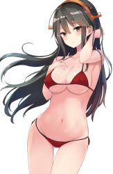 Rule 34 | 1girl, 3:, bikini, black hair, blush, breasts, brown eyes, cleavage, closed mouth, collarbone, cowboy shot, gluteal fold, hair ornament, hairband, hairclip, halterneck, hand in own hair, hand on own chest, hand up, haruna (kancolle), highres, huuyu 1z, kantai collection, large breasts, long hair, navel, red bikini, side-tie bikini bottom, sidelocks, simple background, solo, stomach, swimsuit, white background