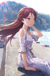 Rule 34 | 1girl, blurry, blurry background, closed mouth, commentary request, dress, floating hair, floral print, from side, half updo, hand up, long hair, looking ahead, love live!, love live! sunshine!!, outdoors, red hair, sakurauchi riko, shadow, shamakho, sitting, solo, water, yellow eyes