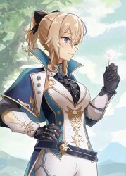 Rule 34 | 1girl, black bow, black shirt, blonde hair, blue capelet, blue eyes, bow, breasts, capelet, center frills, collared capelet, commentary request, dandelion, dress shirt, flower, frills, gauntlets, genshin impact, hair between eyes, hair bow, hand on own hip, hand up, highres, holding, holding flower, jean (genshin impact), jean (gunnhildr&#039;s legacy) (genshin impact), large breasts, long hair, looking ahead, mon-chan, multicolored capelet, official alternate costume, open mouth, outdoors, pants, ponytail, shirt, sky, smile, solo, tight clothes, tight pants, tree, white pants