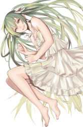 Rule 34 | 1girl, barefoot, dress, feet, full body, green eyes, green hair, hair ribbon, hatsune miku, long hair, looking at viewer, lying, matching hair/eyes, on side, open mouth, ribbon, sentoiro, simple background, solo, twintails, very long hair, vocaloid, white background