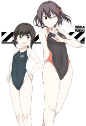 Rule 34 | 2girls, :d, alternate costume, anchor symbol, arm behind back, bare arms, bare legs, bare shoulders, black hair, black one-piece swimsuit, brown eyes, character name, closed mouth, clothes writing, collarbone, competition swimsuit, feet out of frame, fubuki (kancolle), green eyes, groin, hair between eyes, hands on own hips, kantai collection, legs together, multiple girls, one-piece swimsuit, one eye closed, open mouth, parted bangs, sendai (kancolle), shigino sohuzi, short hair, simple background, skin tight, smile, swimsuit, thighs, two side up, white background, wide hips