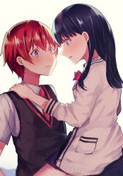 Rule 34 | 10s, 1boy, 1girl, black hair, black pants, black skirt, blue eyes, blush, bow, bowtie, breasts, cardigan, collared shirt, commentary request, couple, face-to-face, facing another, girl on top, gridman universe, hand on another&#039;s shoulder, hetero, hibiki yuuta, highres, komugi (komugi ckdi), long hair, long sleeves, looking at another, medium breasts, miniskirt, pants, pleated skirt, red bow, red hair, red neckwear, school uniform, shirt, short hair, short sleeves, sitting, sitting on person, skirt, sleeves rolled up, ssss.gridman, sweater, takarada rikka, thighs, waistcoat, white cardigan, white shirt, white sweater, wing collar