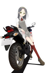Rule 34 | 1girl, arm support, bow, bowtie, full body, grey hair, highres, leaning, long hair, miniskirt, mirror, motor vehicle, motorcycle, original, red socks, school uniform, shadow, shoes, simple background, skirt, socks, solo, source request, tomcat, vehicle, vest, yellow eyes