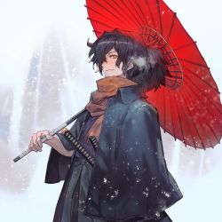 Rule 34 | 1boy, black hair, black kimono, buttons, commentary, commentary request, fate/grand order, fate (series), fog, hair over one eye, hakama, hakama skirt, haori, highres, holding, holding umbrella, japanese clothes, katana, kimono, lack, light, long sleeves, looking at viewer, male focus, multiple swords, okada izou (fate), orange scarf, ponytail, red umbrella, scarf, sheath, sheathed, skirt, smile, snow, solo, sword, umbrella, upper body, weapon, yellow eyes