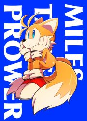 Rule 34 | 1boy, animal nose, blue background, blue eyes, character name, closed mouth, dot mouth, fox boy, furry, furry male, gloves, invisible chair, male focus, misuta710, multiple tails, sitting, snout, solo, sonic (series), tail, tails (sonic), two tails, white gloves