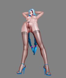 Rule 34 | 1girl, absurdres, blue hair, braid, breasts, clitoris, female pubic hair, highres, jinx (league of legends), league of legends, leg up, lipstick, makeup, nude, pubic hair, pussy, red eyes, riot games, sketch, solo, spread legs, twin braids, uncensored, vaginal, ynwswy