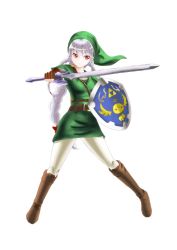Rule 34 | 1girl, boots, braid, brown footwear, cosplay, crossdressing, fingerless gloves, full body, gloves, green hat, hat, holding, holding sword, holding weapon, hylian shield, kazuki (kazuki8837), knee boots, light valkyrie (p&amp;d), link, link (cosplay), long hair, master sword, nintendo, pants, puzzle &amp; dragons, red eyes, shield, silver hair, simple background, solo, sword, the legend of zelda, tunic, valkyrie (p&amp;d), weapon, white background