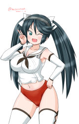 Rule 34 | 1girl, black hair, black neckwear, blue eyes, breasts, buruma, cleavage, cowboy shot, dated, detached sleeves, hairband, hand on own hip, isuzu (kancolle), kantai collection, large breasts, long hair, looking at viewer, masara (chuujou), no pants, one-hour drawing challenge, red buruma, sailor collar, school uniform, serafuku, shirt, simple background, solo, standing, thighhighs, twintails, twitter username, v, white background, white sailor collar, white shirt, white thighhighs