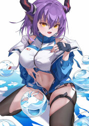Rule 34 | 1girl, absurdres, arknights, bare shoulders, bikini, black gloves, blue jacket, breasts, commentary, fingerless gloves, gloves, hair between eyes, highres, horns, jacket, kelinxiu, large breasts, long sleeves, looking at viewer, midriff, navel, off shoulder, official alternate costume, open clothes, open jacket, open mouth, purple hair, seiza, short hair, sideroca (arknights), sideroca (light breeze) (arknights), simple background, sitting, solo, stomach, swimsuit, thigh strap, thighs, white background, white bikini, yellow eyes