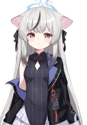 Rule 34 | 1girl, animal ears, black dress, black hair, black jacket, blue archive, blush, breasts, brown eyes, cleavage cutout, closed mouth, clothing cutout, cram960, dress, frills, grey hair, halo, highres, jacket, kokona (blue archive), long hair, long sleeves, looking at viewer, multicolored hair, off shoulder, sidelocks, simple background, small breasts, solo, streaked hair, striped clothes, striped dress, vertical stripes, white background