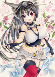 Rule 34 | 10s, 1girl, bare shoulders, black hair, blush, breasts, brown eyes, cleavage, cowboy shot, curvy, elbow gloves, fingerless gloves, floral background, gloves, headgear, highres, kantai collection, large breasts, long hair, looking at viewer, marker (medium), midriff, miniskirt, nagato (kancolle), navel, open mouth, petals, pleated skirt, saya pr, skirt, smile, solo, thick thighs, thighhighs, thighs, traditional media, white background, wide hips