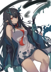 Rule 34 | 1girl, absurdres, aqua skin, arknights, baek hyang, black hair, breasts, china dress, chinese clothes, colored skin, commentary, dragon girl, dragon horns, dragon tail, dress, dusk (arknights), flame-tipped tail, highres, holding, holding paintbrush, horns, long hair, looking at viewer, medium breasts, necktie, paintbrush, panties, pantyshot, red eyes, red necktie, solo, tail, underwear, unfinished, very long hair, white background, white dress, white panties