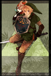Rule 34 | 1boy, belt, black eyes, blonde hair, boots, earrings, elbow gloves, gloves, green background, hat, highres, hylian shield, jewelry, link, looking at viewer, midna, nintendo, pointy ears, red eyes, shield, smile, sword, the legend of zelda, the legend of zelda: twilight princess, triforce, tyatya, weapon