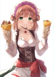 Rule 34 | 1girl, blush, coffee tart, crepe, dress, food, frills, green eyes, hair rings, highres, holding, holding food, jewelry, long hair, long sleeves, looking at viewer, necklace, pearl necklace, princess connect!, rino (princess connect!), rino (real) (princess connect!), sash, smile, solo, tenugui, two side up, underbust