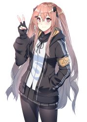 Rule 34 | 1girl, absurdres, arm up, black jacket, black pantyhose, black skirt, contrapposto, dy kai, feet, fingerless gloves, girls&#039; frontline, gloves, hair between eyes, hair ornament, hair ribbon, hairclip, hand in pocket, highres, hood, hooded jacket, jacket, long hair, looking at viewer, open clothes, open jacket, pantyhose, pink eyes, pink hair, pleated skirt, ribbon, shirt, sidelocks, simple background, skirt, solo, standing, twintails, two side up, ump9 (girls&#039; frontline), v, very long hair, white background, white shirt