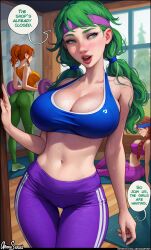 Rule 34 | 3girls, arm at side, aroma sensei, blue sports bra, blush, body freckles, braid, breasts, breath, brown hair, caroline (stardew valley), cleavage, commentary, curvy, doorway, dripping, english commentary, exercising, eyelashes, flying sweatdrops, freckles, green eyes, green hair, hand on wall, head tilt, highres, indoors, jodi (stardew valley), large breasts, lips, looking to the side, messy hair, multiple girls, navel, open mouth, orange hair, pants, patreon username, ponytail, pov doorway, signature, sitting, speech bubble, sports bra, sportswear, standing, stardew valley, steaming body, stomach, sunlight, sweat, sweatband, talking, tank top, twintails, weightlifting, wide hips, window, wooden floor, workout clothes, yoga mat, yoga pants