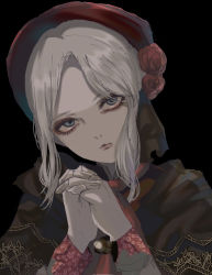 Rule 34 | 1girl, bad id, bad pixiv id, black background, black capelet, black hat, bloodborne, blue eyes, capelet, closed mouth, commentary request, flower, grey hair, hat, head tilt, highres, kayanogura, long sleeves, looking at viewer, own hands clasped, own hands together, parted bangs, plain doll, red flower, red rose, rose, sidelocks, simple background, solo, upper body