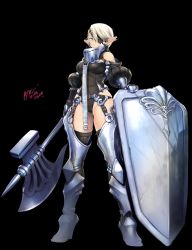 Rule 34 | armor, artist name, axe, ayaki, bikini armor, boots, collar, commentary request, detached sleeves, eyepatch, garter straps, gauntlets, gluteal fold, high heel boots, high heels, highres, leotard, looking at viewer, original, partial armor, pointy ears, shield, short hair, solo, thighhighs, weapon, white hair