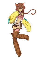 Rule 34 | .hack//, .hack//link, 1girl, ;p, animal ears, animal hands, bandai, bell, boots, brown hair, cat ears, cat paws, collar, cyber connect 2, midriff, navel, neck bell, official art, one eye closed, ponytail, purple eyes, short shorts, shorts, skirt, solo, tabby, tabby (.hack//), thigh boots, thighhighs, tongue, tongue out, white background, wink, zettai ryouiki