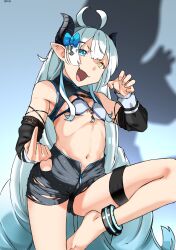 Rule 34 | 1girl, aged up, akugaki koa, antenna hair, arm up, artist name, bare shoulders, barefoot, black horns, black shorts, black shrug, black sleeves, blue background, blue bra, blue eyes, blue hair, blue shrug, bra, breasts, claw pose, clueless, demon girl, demon horns, detached sleeves, eyebrows, eyelashes, fang, female focus, foot out of frame, gradient background, hand up, heterochromia, horns, idol corp, index finger raised, knee up, light blue hair, long hair, navel, nean black, open mouth, petite, pointy ears, shadow, shorts, shrug (clothing), simple background, skin fang, sleeveless, sleeveless shrug, small breasts, smile, smug, solo, standing, standing on one leg, thigh strap, tongue, torn clothes, torn shorts, two-tone bra, two-tone shrug, underwear, very long hair, virtual youtuber, white bra, yellow eyes