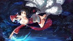 Rule 34 | 1girl, absurdres, ahri (league of legends), animal ears, black hair, braid, breasts, cleavage, collarbone, detached sleeves, fox ears, fox tail, highres, kamome yuu, large breasts, league of legends, multiple tails, ponytail, single braid, solo, tail, yellow eyes