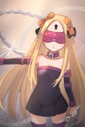 Rule 34 | 1girl, abigail williams (fate), bare shoulders, black bow, black dress, black sleeves, blindfold, blonde hair, blue eyes, blush, bow, breasts, chain, closed mouth, collar, collarbone, cosplay, dagger, detached sleeves, dress, fate/grand order, fate/stay night, fate (series), forehead, glint, hair bow, highres, keyhole, knife, long hair, long sleeves, looking at viewer, medusa (fate), medusa (rider) (fate), medusa (rider) (fate) (cosplay), miya (miyaruta), multiple bows, nameless dagger (fate), orange bow, parted bangs, purple collar, short dress, sidelocks, small breasts, strapless, strapless dress, thighs, weapon