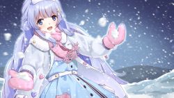 Rule 34 | 1girl, :d, belt, blue dress, blue eyes, blunt bangs, breath, coat, crescent, crescent hair ornament, double bun, dress, fur-trimmed coat, fur trim, grey coat, hair bun, hair ornament, hat, highres, kagutsuchi (victoragna), long hair, looking at viewer, mirutani nia, mittens, night, noripro, nurse, nurse cap, open clothes, open coat, open mouth, outdoors, outstretched arms, pink mittens, pink scarf, purple hair, scarf, smile, snow, snowing, solo, star (symbol), upper body, very long hair, virtual youtuber, white belt, white hat, winter clothes, winter coat