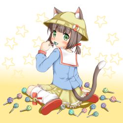 Rule 34 | 1girl, animal ears, azur lane, bell, blue shirt, blush, bow, brown footwear, brown hair, candy, cat ears, cat girl, cat tail, closed mouth, commentary request, ears through headwear, food, gradient background, green eyes, hat, highres, holding, holding candy, holding food, holding lollipop, jingle bell, kindergarten uniform, kneehighs, kumaneko rococo, lifebuoy, lollipop, long sleeves, looking at viewer, looking back, loose socks, low twintails, mutsuki (azur lane), pleated skirt, polka dot, red bow, sailor collar, school hat, shirt, shoe soles, short twintails, sitting, skirt, socks, solo, star (symbol), swim ring, tail, twintails, wariza, white background, white sailor collar, white socks, yellow background, yellow hat, yellow skirt