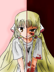Rule 34 | 00s, 1girl, android, blonde hair, blood, blood splatter, blood on clothes, blush, brown hair, chii, chobits, dark persona, dual persona, empty eyes, evil grin, evil smile, grin, long hair, multiple persona, robot ears, smile, split theme, very long hair, yandere