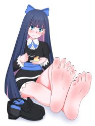 Rule 34 | 1girl, barefoot, black dress, black hair, black nails, blue eyes, blunt bangs, blush, bow, chewing, closed mouth, dress, eating, feet, gothic lolita, highres, lolita fashion, long hair, long sleeves, lululewd, multicolored hair, nail polish, panty &amp; stocking with garterbelt, pink hair, shoes, unworn shoes, sitting, soles, solo, stocking (psg), toes, two-tone hair