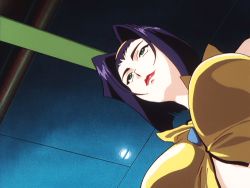 Rule 34 | 1990s (style), 1girl, animated, animated gif, bare shoulders, blue eyes, bob cut, breasts, ceiling, ceiling fan, closed mouth, cowboy bebop, crop top, faye valentine, from below, green eyes, hairband, halterneck, large breasts, lips, lipstick, looking away, lowres, makeup, purple hair, red lips, retro artstyle, short hair, smile, solo, standing, upper body, yellow hairband
