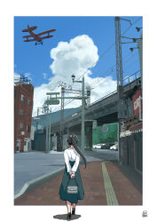 Rule 34 | 1girl, aircraft, airplane, arms behind back, bag, black footwear, black hair, blue skirt, blue sky, bridge, building, car, cloud, day, from behind, hair ribbon, houshou (kancolle), kantai collection, kure (city), long hair, mihama machi, motor vehicle, outdoors, power lines, ribbon, road, scenery, shirt, sign, signature, skirt, sky, walking, white ribbon, white shirt