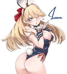Rule 34 | 1girl, adapted costume, alternate costume, animal ears, ass, blonde hair, blowing kiss, blue bow, blue bowtie, blue eyes, blue leotard, bow, bowtie, breasts, cleavage, commentary request, cowboy shot, detached collar, gloves, half gloves, iowa (kancolle), kantai collection, large breasts, leotard, long hair, looking at viewer, one-piece thong, one eye closed, playboy bunny, rabbit ears, rabbit tail, simple background, solo, star-shaped pupils, star (symbol), strapless, strapless leotard, symbol-shaped pupils, tail, udukikosuke, white background, white gloves, wrist cuffs