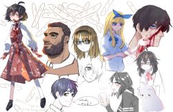 Rule 34 | 3boys, 4girls, :d, absurdres, ahoge, animal, baguette, bangs, black footwear, black hair, blind girl (popopoka), blonde girl (popopoka), blood, blood on clothes, blood on face, blue bow, blue bowtie, blue eyes, blue hairband, bow, bowtie, bread, brown hair, cat, closed mouth, cropped torso, dark-skinned male, dark skin, dress, floral print, food, full body, glasses, hairband, heart, highres, long hair, long sleeves, multiple boys, multiple girls, needle, open mouth, original, popopoka, popopoka (character), red bow, red bowtie, red dress, sad, scar, sewing, sewing needle, shiny, shiny hair, shirt, shoes, short hair, sketch, smile, speech bubble, suggestive fluid, white shirt
