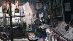 Rule 34 | 1girl, absurdres, animal ear fluff, animal ears, armillary sphere, bandage over one eye, bell, black collar, black hair, black hoodie, blue skirt, book, bookmark, bookshelf, cat ears, cat girl, cat tail, chair, collar, commentary, computer, cowboy shot, curtains, desk, expressionless, fire, fire, floating, floating book, floating object, frown, highres, holding, holding book, hood, hood down, hoodie, indie virtual youtuber, indoors, kurose kiri, lantern, laptop, long sleeves, looking at viewer, magic, neck bell, open clothes, open hoodie, plaid, plaid skirt, plant, pleated skirt, poster (object), purple eyes, radio, scyze, shirt, sign, skirt, solo, tail, virtual youtuber, white shirt, window
