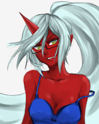 Rule 34 | 10s, 1girl, aqua hair, bra, breasts, cleavage, colored skin, colorized, demon girl, face, fang, glasses, grin, horns, kneesocks (psg), lingerie, long hair, off shoulder, panty &amp; stocking with garterbelt, pas (paxiti), pointy ears, ponytail, red skin, ringed eyes, single horn, smile, solo, strap slip, underwear, yellow eyes