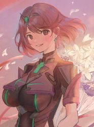 Rule 34 | 1girl, breasts, chest jewel, earrings, flower, fujie-yz, highres, jewelry, large breasts, pyra (xenoblade), red eyes, red hair, short hair, solo, swept bangs, tiara, xenoblade chronicles (series), xenoblade chronicles 2