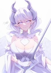 Rule 34 | 1girl, absurdres, armored corset, armored leotard, breasts, cleavage, collarbone, demon girl, demon horns, demon wings, dress, duel monster, earrings, gloves, grey eyes, grey hair, highres, horns, jewelry, large breasts, looking at viewer, lovely labrynth of the silver castle, low wings, multiple wings, pointy ears, rukuruya, simple background, smile, solo, spread cleavage, transparent wings, twintails, white background, white horns, wings, yu-gi-oh!